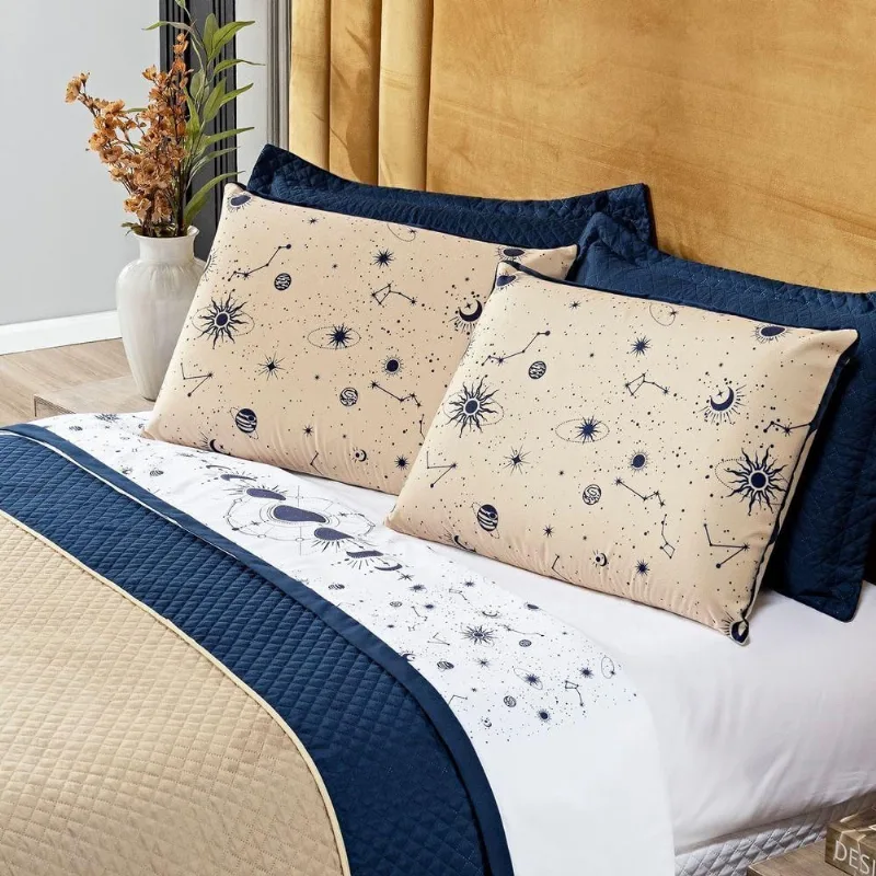 Jogo De Cama Lençol Casal Padrão Constelações Branco 04 Peças - Percal 200 Fios Decoração Universo Astrologia Signos