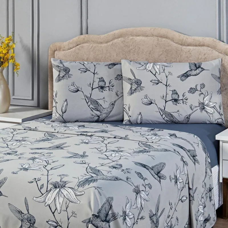 Jogo De Cama Lençol Casal Padrão Estampado Beija-flor Azul/cinza Com Fronhas 04 Peças - Percal Soft 300 Fios Acetinado