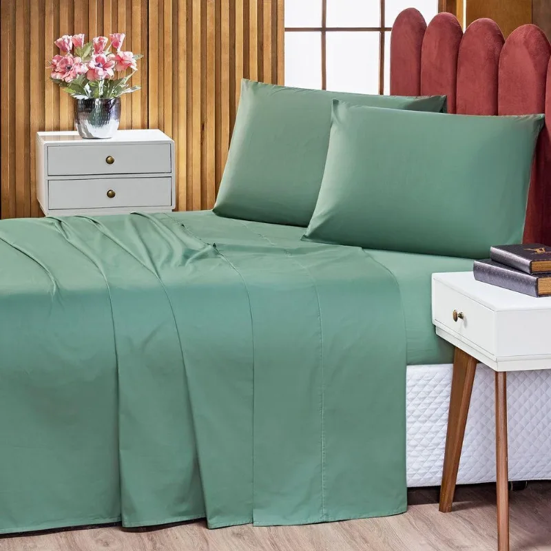 Jogo De Cama Lençol Queen Prestige Com Fronhas 04 Peças - Tecido Liso Percal 300 Fios 100% Algodão Original Cor Verde
