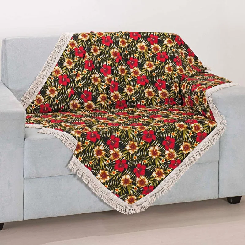 Xale Avulso Com Franja Floral Preto/Vermelho Gorgurinho 1,50M X 1,50M