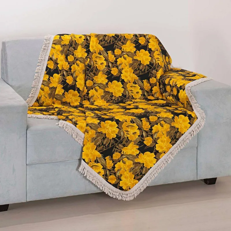 Xale Avulso Com Franja Floral Amarelo Preto Gorgurinho 1,50M X 1,50M