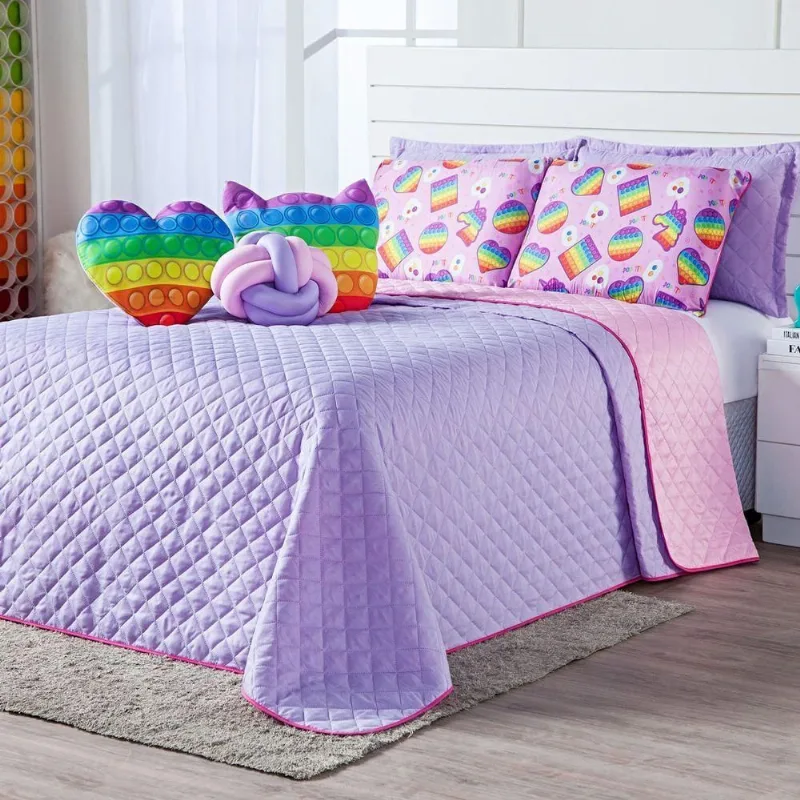 Kit Cobre Leito Colcha Casal Padrão Pop It Lilás/rosa Dupla Face Com Almofadas Estampadas 08 Peças
