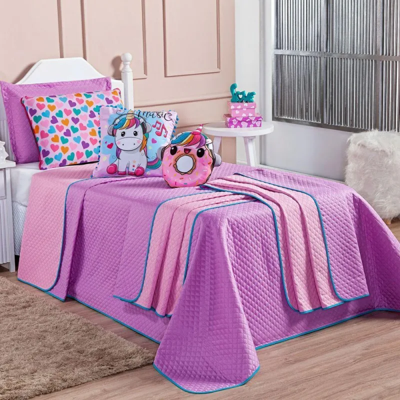 Kit Cobre Leito Colcha Solteiro Donuts Unicórnio Lilás/Rosa Dupla Face Com Almofadas Estampadas 05 Peças - Não Informado - Cama, Mesa E Banho