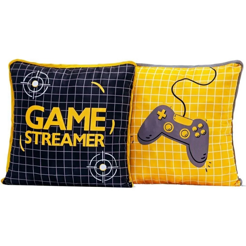 Par De Almofadas Cheias Estampadas Game Streamer Preto/amarelo 45cm X 45cm Com Zíper E Viés - Enchimento Silicone