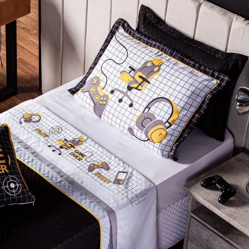 Jogo De Cama Lençol Solteiro Game Streamer Branco Com Fronha E Virol Estampados 03 Peças - Tecido Percal 200 Fios - OUTRAS - Cama, Mesa E Banho