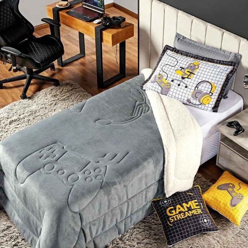 Kit Coberdrom Cobertor Queen Game Streamer Cinza Dupla Face Com Fronhas 03 Peças - Tecido Mantinha E Sherpa