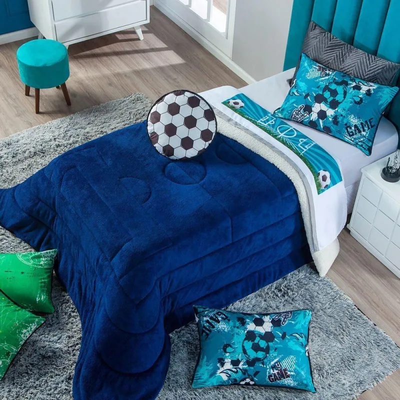 Kit Coberdrom Futebol Azul Marinho C/ Almofada Solteiro 03 Peças - Dupla Face Sherpa E Mantinha - OUTRAS - Cama, Mesa E Banho