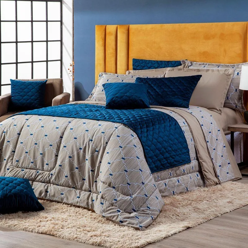 Kit Edredom Estampado Queen Veneza Bege/Azul Dupla Face Com Fronhas 03 Peças - Tecido Percal Algodão 200 Fios