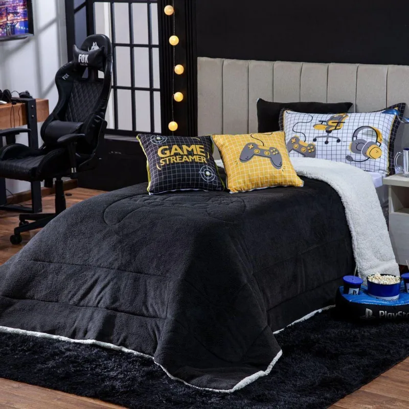 Kit Coberdrom Game Streamer Preto C/ Almofadas Solteiro 04 Peças - Dupla Face Sherpa E Mantinha