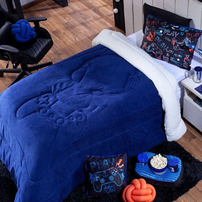Coberdrom Game Win Solteiro Dupla Face Sherpa Microfibra Azul Dourados Enxovais