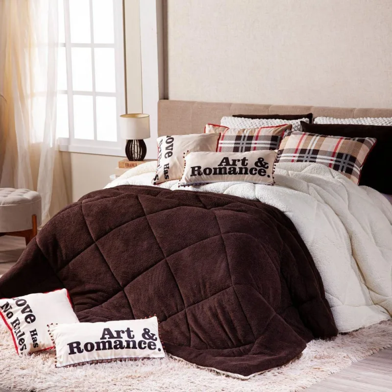 Kit Coberdrom Cobertor King Romance Tabaco Dupla Face Com Almofadas Estampadas 05 Peças - Tecido Mantinha E Sherpa - OUTRAS - Cama, Mesa E Banho