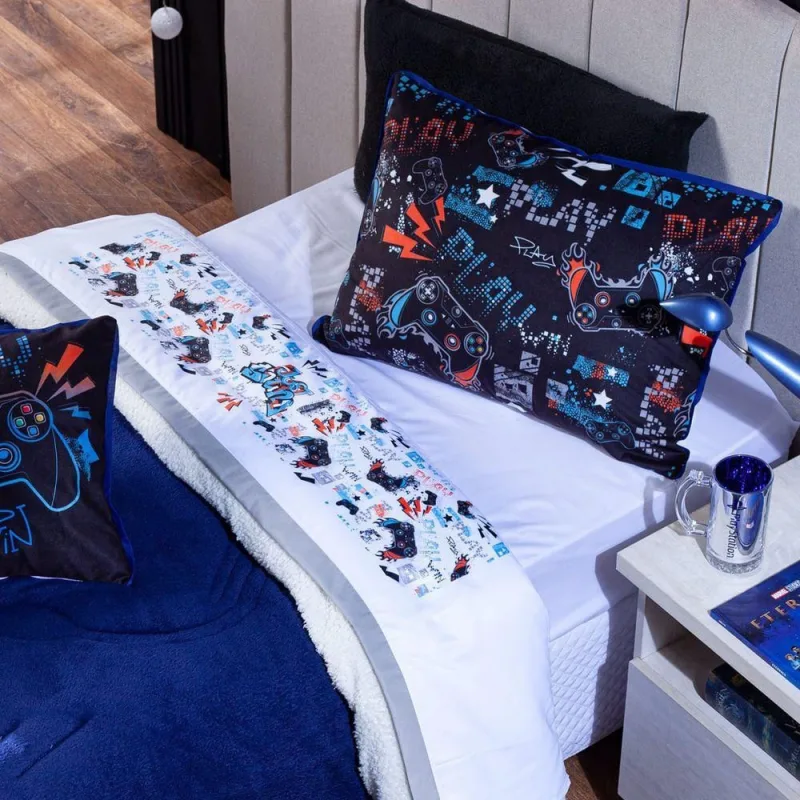 Jogo De Cama Lençol Solteiro Game Win Branco Com Fronha E Virol Estampados 03 Peças - Percal 200 Fios - OUTRAS - Cama, Mesa E Banho