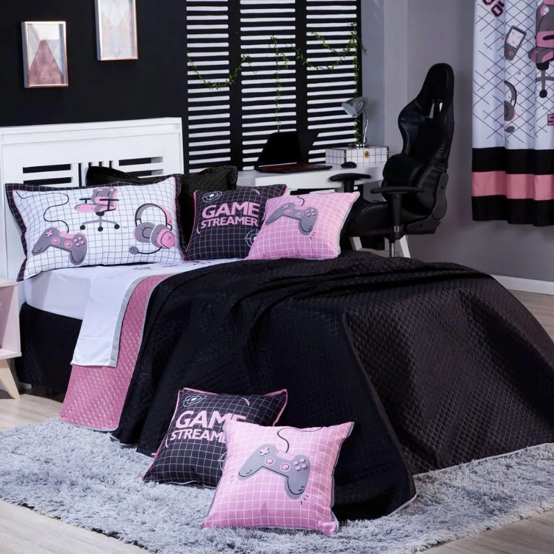 Kit Cobre Leito Colcha Solteiro Game Streamer Rosê Dupla Face Com Almofadas Estampadas 05 Peças