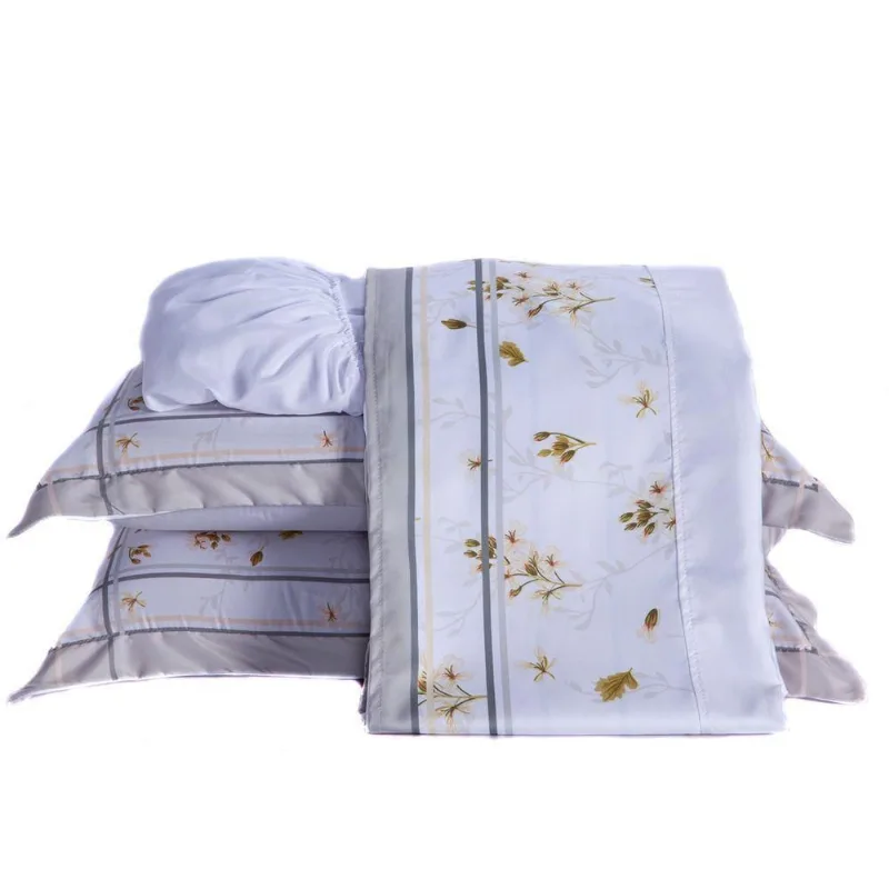 Jogo De Cama Lençol Casal Padrão Maya Branco/caqui Com Fronhas E Virol Estampados 04 Peças - Percal 200 Fios