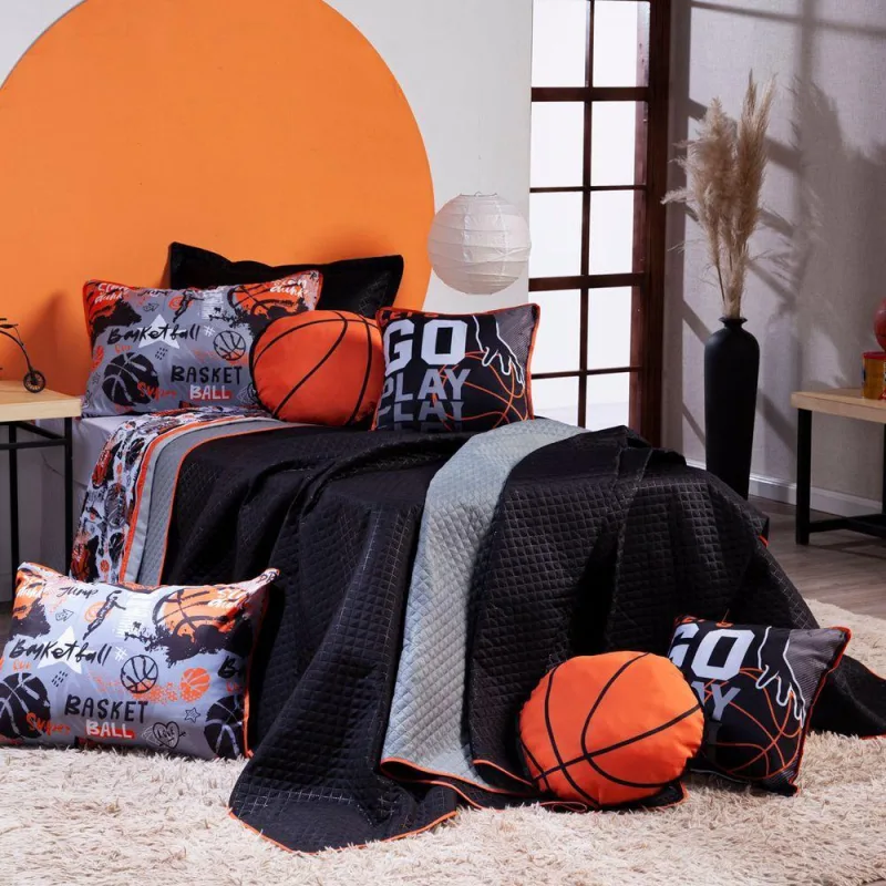 Kit Cobre Leito Colcha Solteiro Basquete Preto/Cinza Dupla Face Com Almofadas Estampadas 05 Peças - Não Informado - Cama, Mesa E Banho