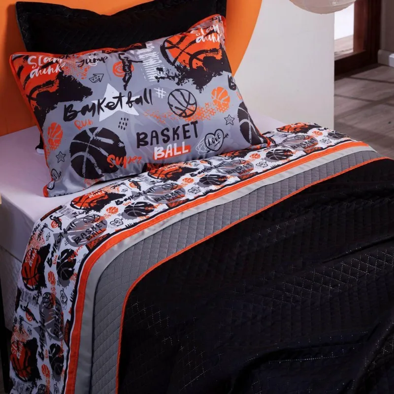 Jogo De Cama Lençol Solteiro Basquete Branco/cinza Com Fronhas E Virol Estampados 03 Peças - Percal 200 Fios - OUTRAS - Cama, Mesa E Banho