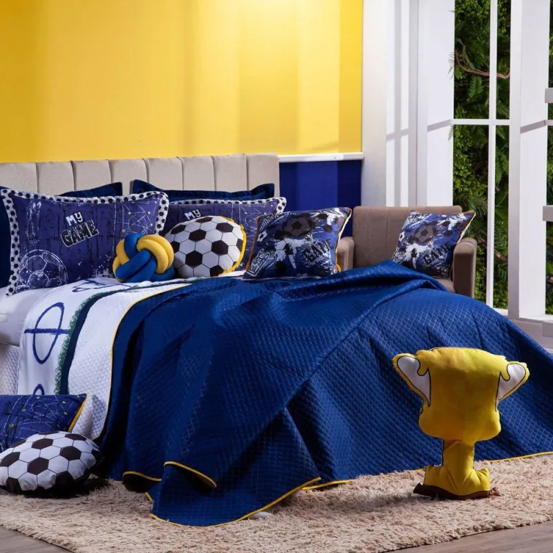 Kit Cobre Leito Colcha Queen Futebol Game Azul Marinho/branco Dupla Face Com Almofadas Estampadas 08 Peças - OUTRAS - Cama, Mesa E Banho