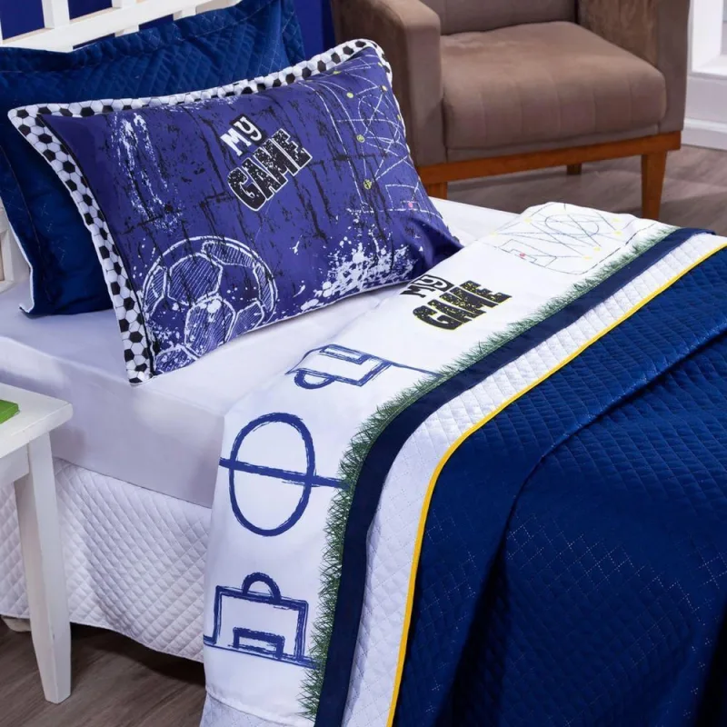 Jogo De Cama Lençol Solteiro Futebol Game Branco Com Fronha E Virol Estampados 03 Peças - Percal 200 Fios - OUTRAS - Cama, Mesa E Banho