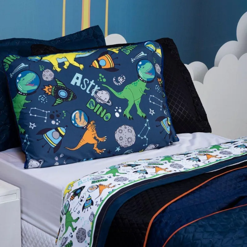 Jogo De Cama Lençol Casal Padrão Astrodino Branco/azul Marinho Com Fronhas E Virol Estampados 04 Peças - Percal 200 Fios