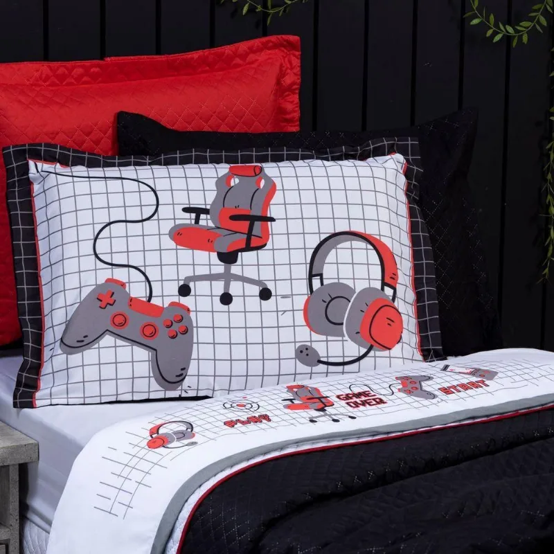 Jogo De Cama Lençol Queen Game Streamer Branco/vermelho Com Fronhas E Virol Estampados 04 Peças - Percal 200 Fios