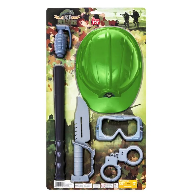 CONJUNTO MILITAR C/CAPACETE, ALGEMA, OCULOS DE PROTEÇAO, GRANADA, BASTAO E FACA 0517