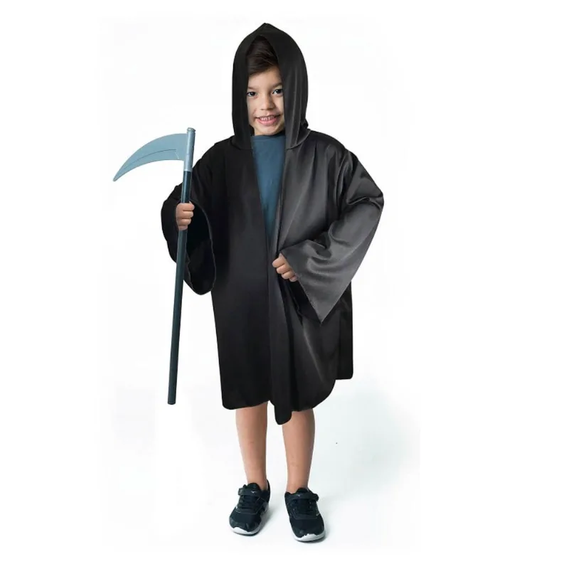 Capa Preta Com Capuz de Halloween Fantasia Morte Com Foice