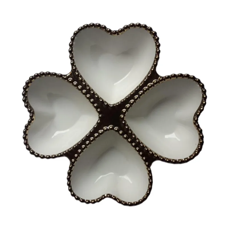 Kit Porta Bijuterias Cerâmica Trevo Coração - Branco Dourado - Não Informado - Decoração