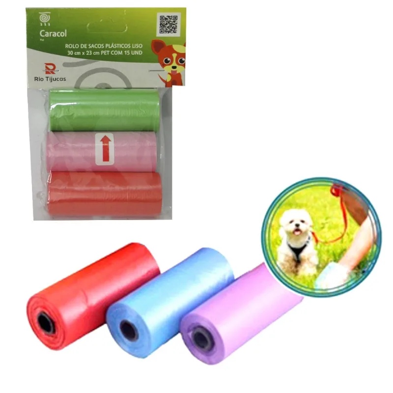 Saquinho para fezes animal de plástico liso colors com 45 saquinhos 30X23CM rio tijucas