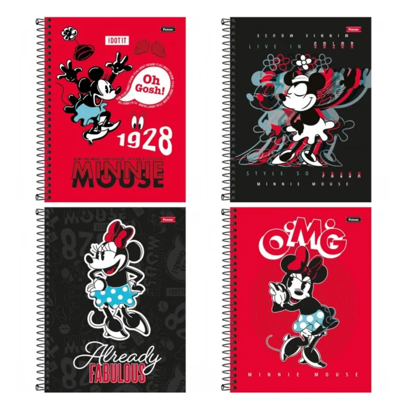Caderno Colegial Espiral Capa Dura 10x1 - 160 Folhas - Minnie Vintage - Foroni - FORONI - Brinquedos