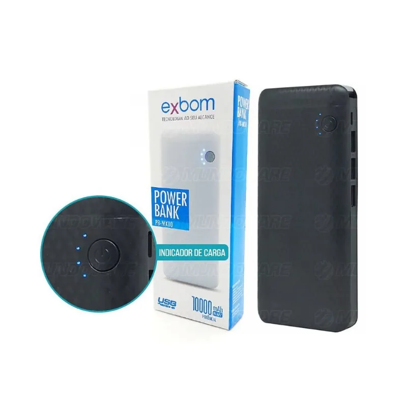 Power Bank 10000mAh Bateria Portátil com 3 Portas USB e Lanterna LED Exbom PB-MX10 Preto