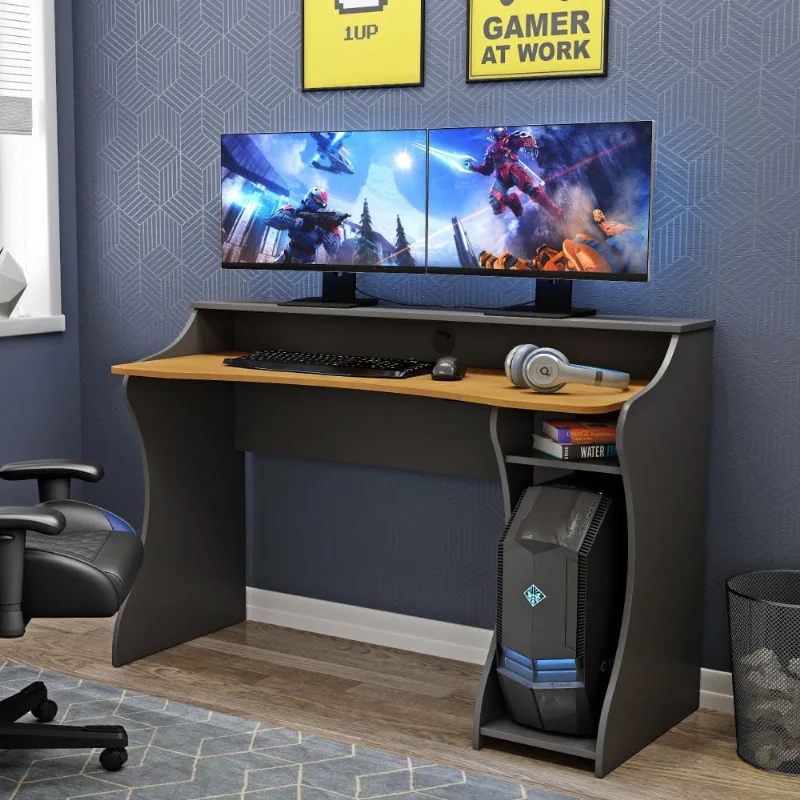 Mesa Gamer em Madeira Maciça - Carvalho/Preto