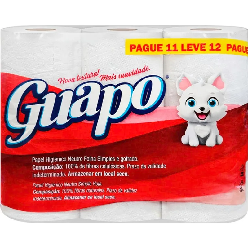 Papel Higiênico Guapo Folha Simples 30m LV 12 PG 11 rolos