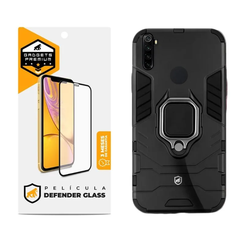 Kit Capa case capinha Defender Black e Pelicula Defender Glass para Xiaomi Redmi Note 8 - Gshield