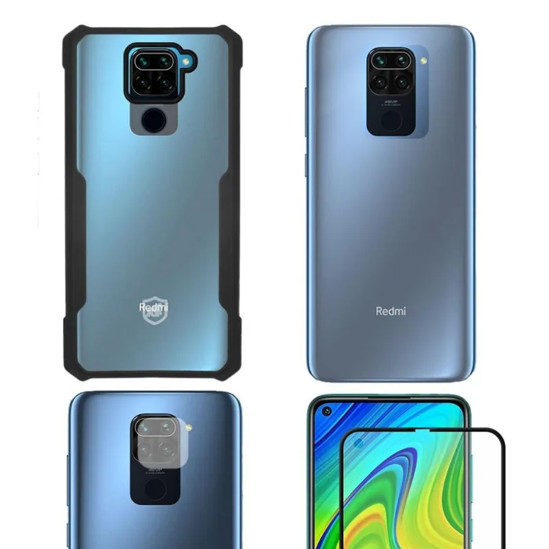 Película Defender Glass + Câmera + Nano Traseira + Capa case capinha Dual Shock X Para Redmi Note 9 - Gshield - Gshield