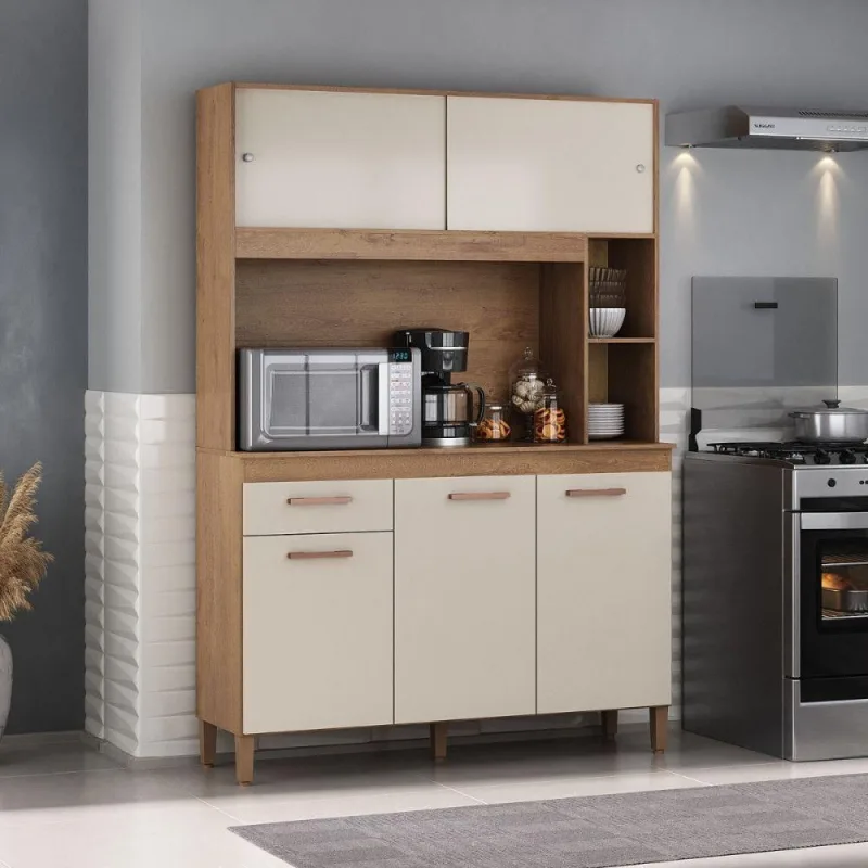 Cozinha Compacta Ceara 5 Portas 1 Gaveta Canelato Rustico Com Off White - Atualle