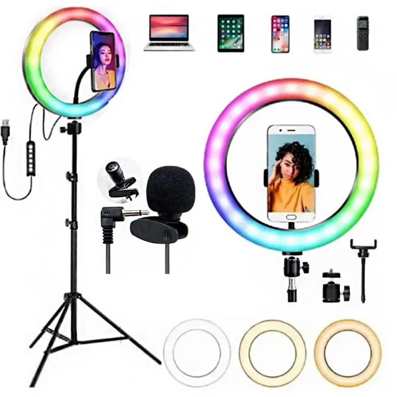 Kit Iluminação Led Ring Light Rgb + Tripé + Microfone Lapela