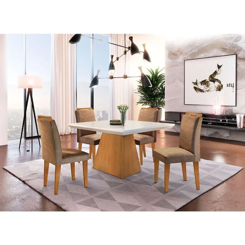 Sala De Jantar Aida 90 Tp Mdf Canto Reto Com 4 Cadeiras Rufa Off White/imbuia/animalle Chocolate - Móveis Rufato - Móveis