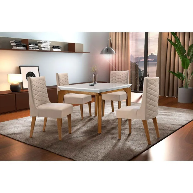 Sala De Jantar Liz 120 Tampo Canto Reto 4 Cadeiras Veludo - Rufato