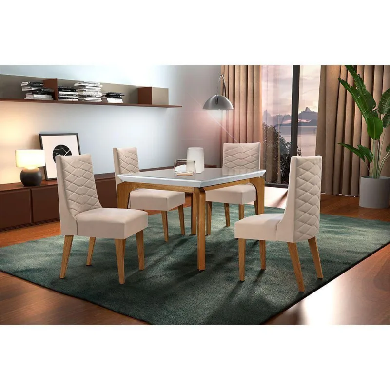 Sala De Jantar Liz 120 Tampo Vidro 4 Cadeiras Veludo - Rufato