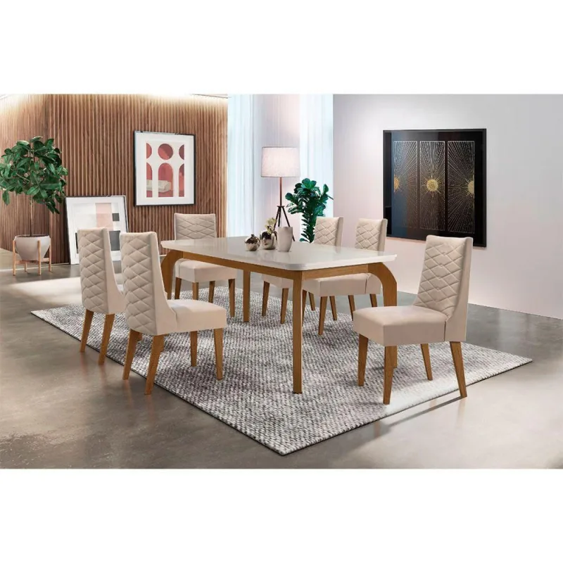 Sala De Jantar Liz 180 Tampo Canto Reto 6 Cadeiras Veludo - Rufato