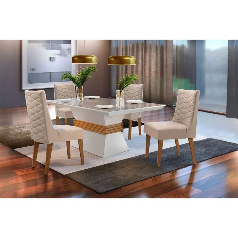 Sala De Jantar Lucy 120 Tampo Vidro 4 Cadeiras Veludo - Rufato
