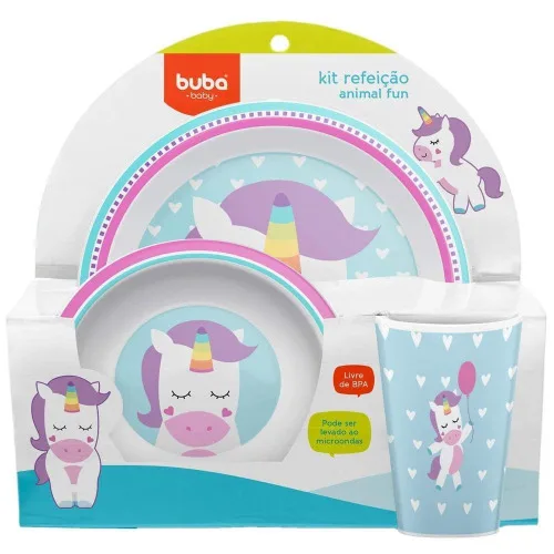 CONJUNTO DE REFEIÇÃO - 3 PEÇAS - ANIMAL FUN - UNICÓRNIO - BUBA - UNICORNIO - Bebês E Higiene Infantil