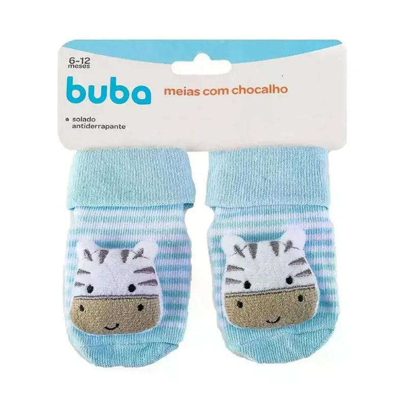 Meia 3D Buba Antiderrapantes Com Chocalho Zebrinha Azul Único