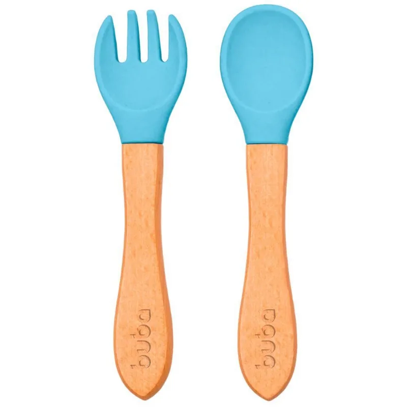 Kit Talheres Infantil Silicone E Bambu Buba - Azul Claro