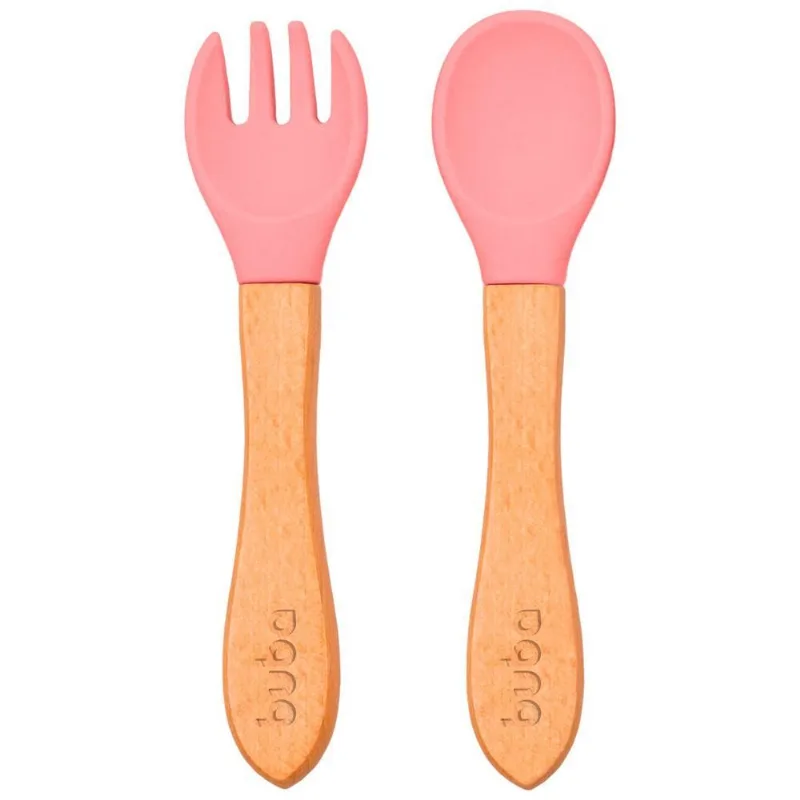 Kit Talheres Infantil Silicone E Bambu Buba - Rosa Claro