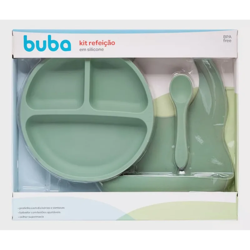 Kit Alimentaçao Bebe Silicone Prato Babador Colher Cor Verde Buba