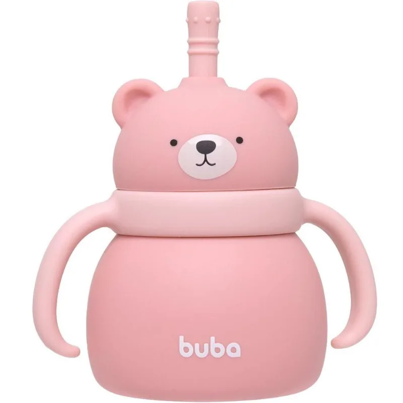 Copo de Silicone Buba Com Canudo Ursinho Rosa Único