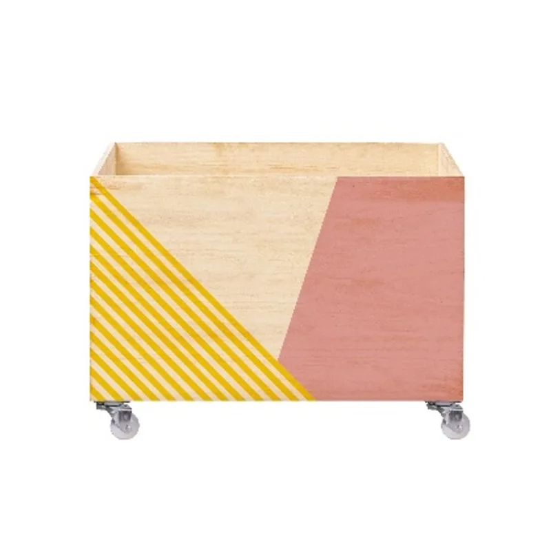 Baú com Impressão UV e Rodízio em Pinus 50x30x30cm Geométrico Ornella Decor - Design Up Living