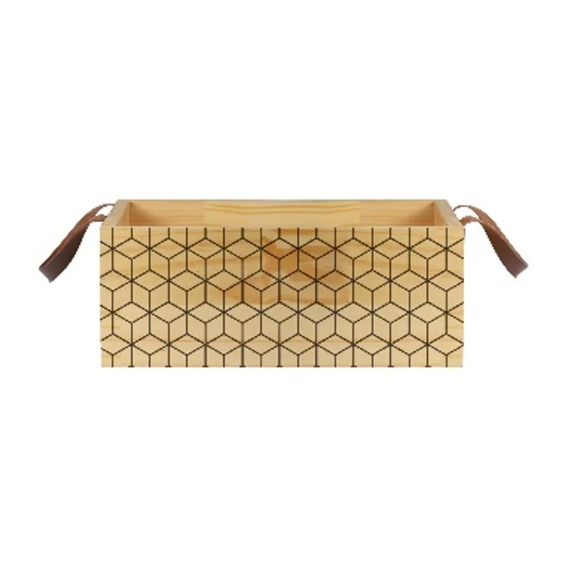 Caixote com Alça de Couro em Pinus 40x15x25cm Formas Geométricas Ornella Decor - Design Up Living