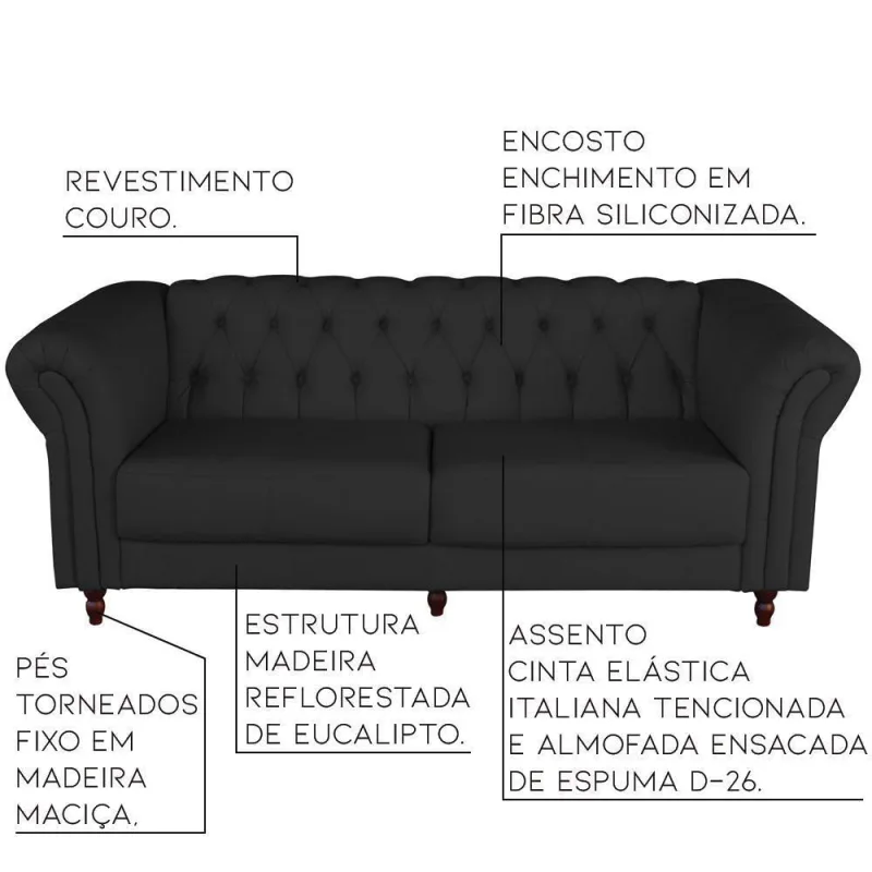 Sofá 2 Lugares 180cm Couro Preto - Gran Belo